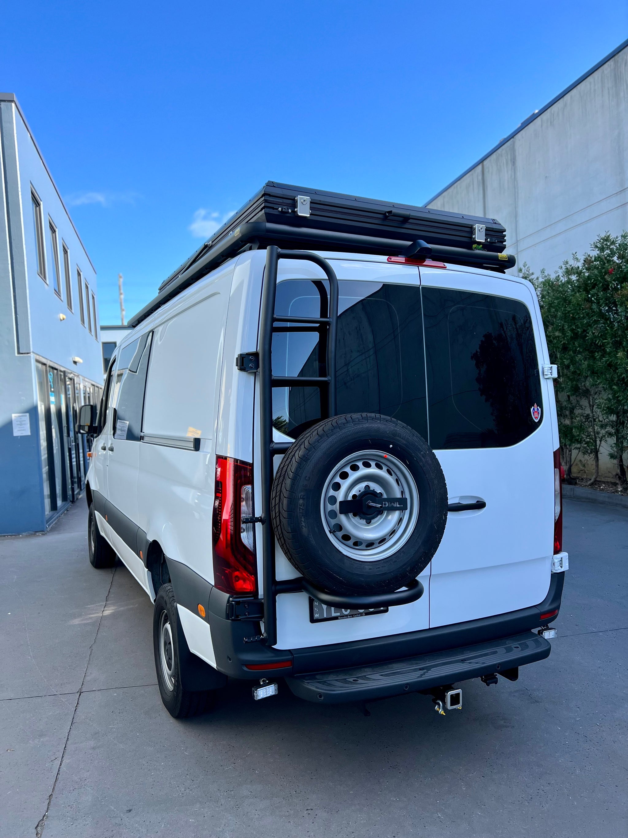OWL VANS LOW ROOF LADDER TIRE CARRIER SPRINTER 2019 Adventure Fitouts